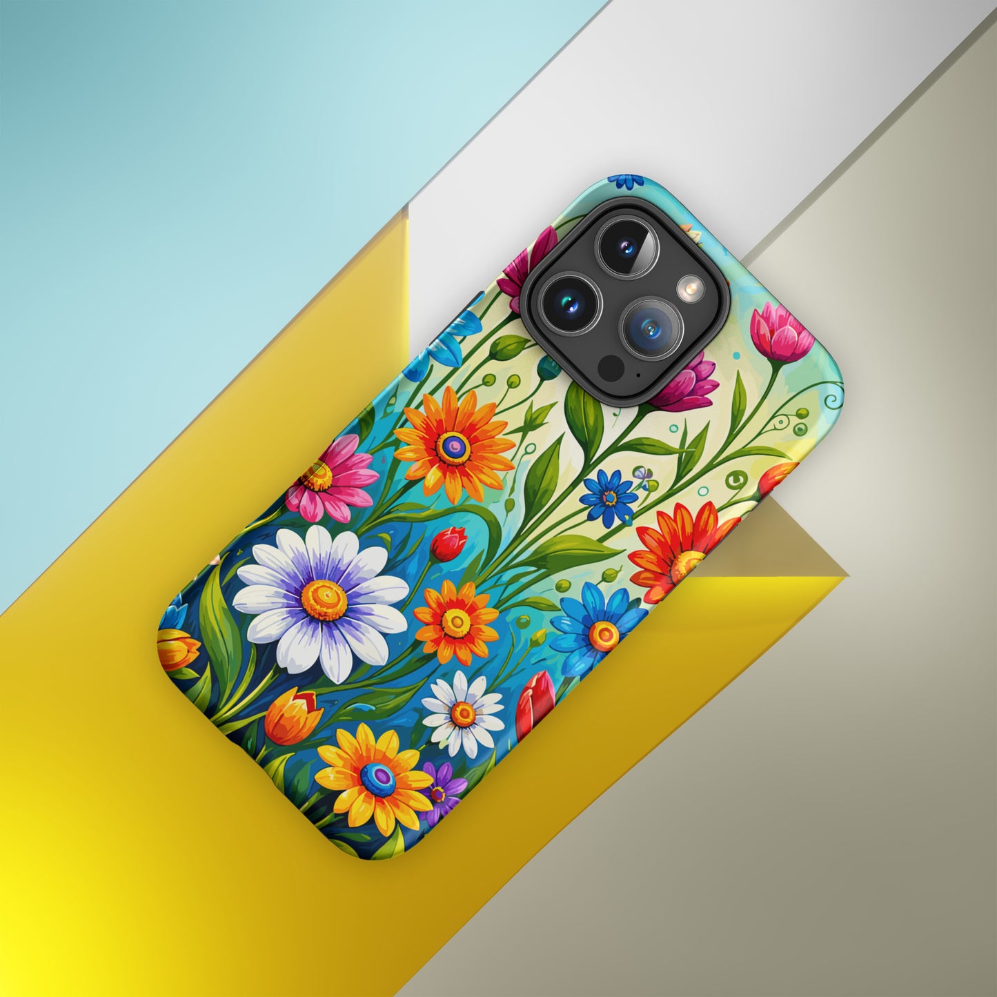 Vibrant retro flower power design featuring colorful daisies, blue, orange, and purple psychedelic boho garden artwork.