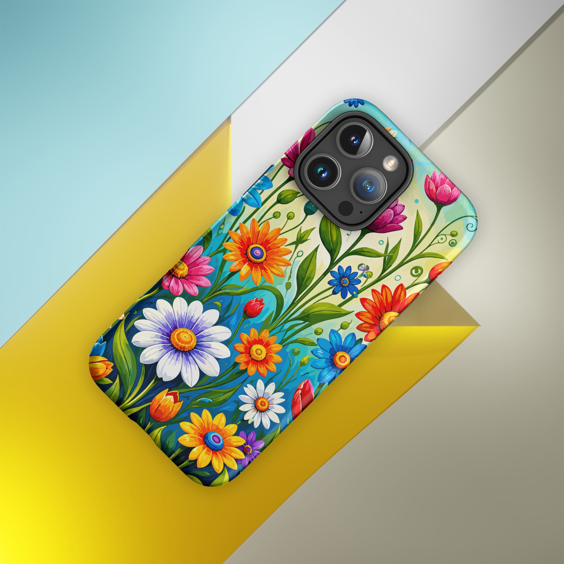 Vibrant retro flower power design featuring colorful daisies, blue, orange, and purple psychedelic boho garden artwork.