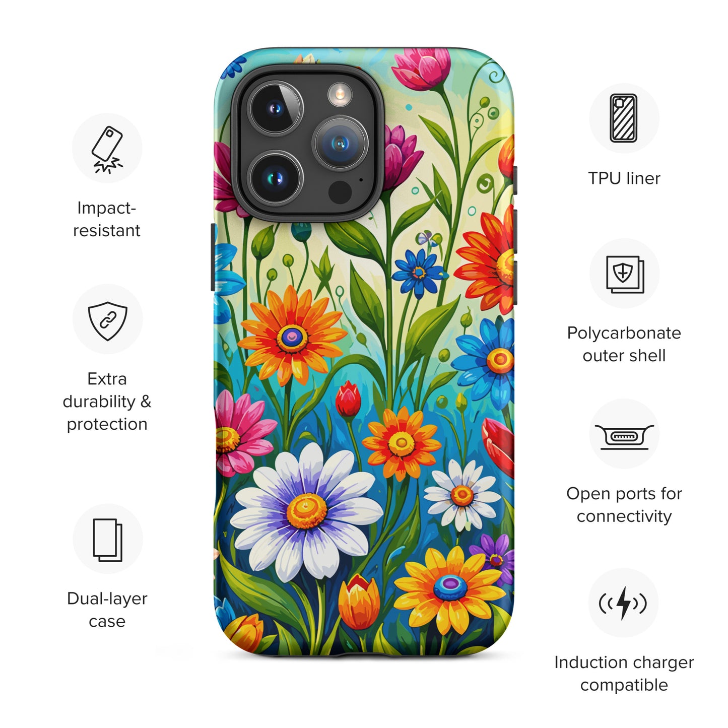 Vibrant retro flower power design featuring colorful daisies, blue, orange, and purple psychedelic boho garden artwork.