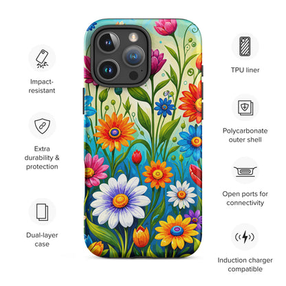Vibrant retro flower power design featuring colorful daisies, blue, orange, and purple psychedelic boho garden artwork.