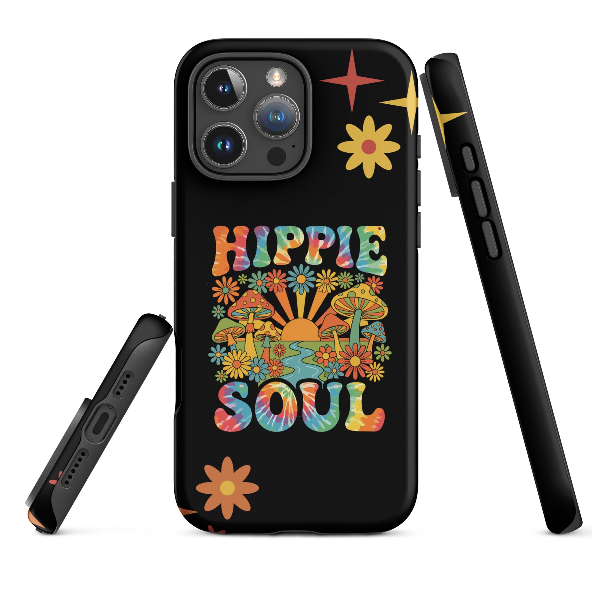 Retro Hippie Soul TPU iPhone case featuring colorful mushrooms, daisies, sunburst, and tie-dye lettering.