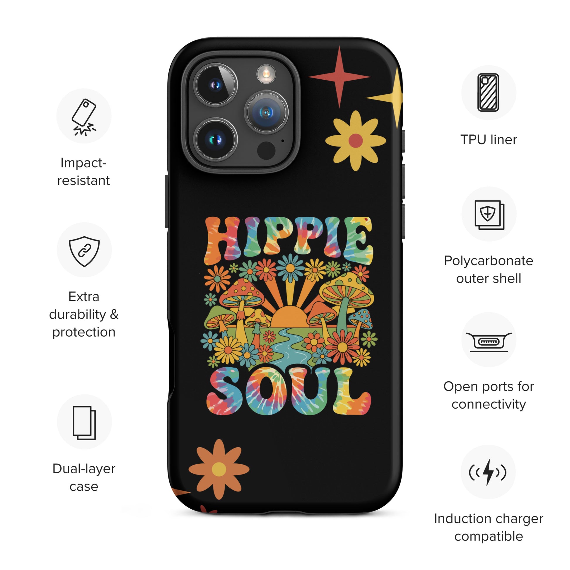 Retro Hippie Soul TPU iPhone case featuring colorful mushrooms, daisies, sunburst, and tie-dye lettering.