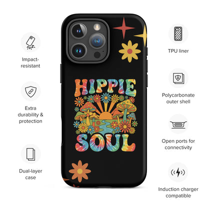 Retro Hippie Soul TPU iPhone case featuring colorful mushrooms, daisies, sunburst, and tie-dye lettering.