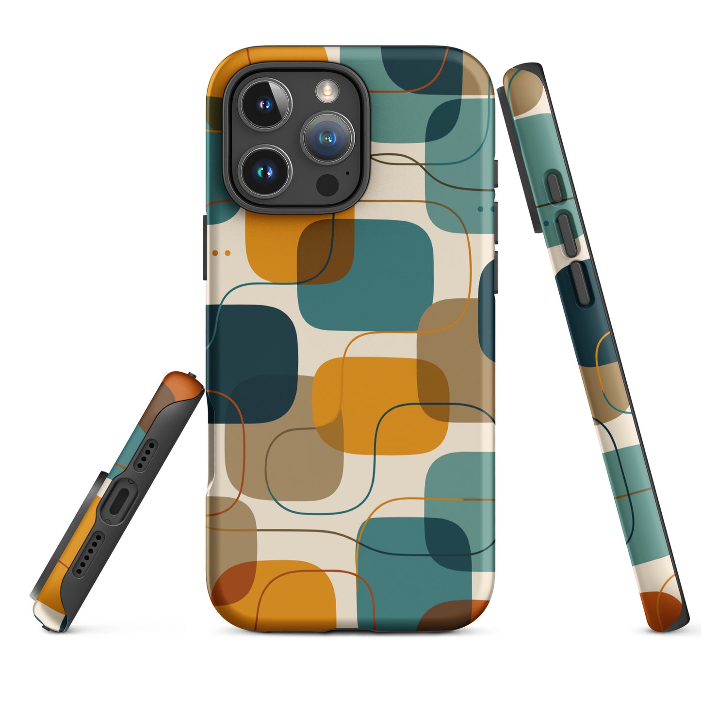 Retro geometric TPU iPhone case featuring mid-century rounded squares and lines in teal, mustard yellow, and orange.