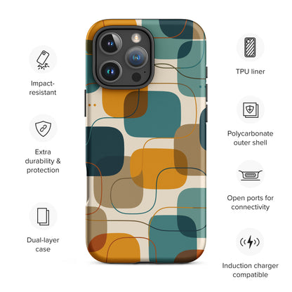 Retro geometric TPU iPhone case featuring mid-century rounded squares and lines in teal, mustard yellow, and orange.