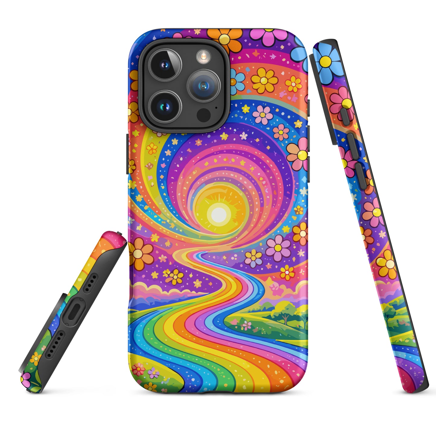 Psychedelic iPhone case featuring a vibrant rainbow road winding through green hills with colorful daisy flowers