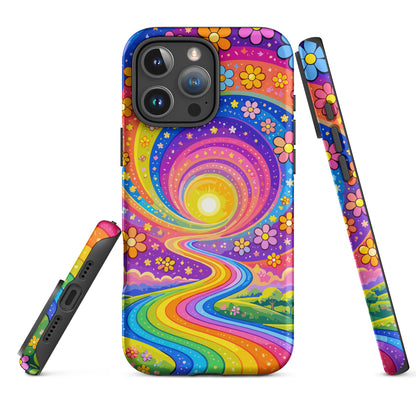 Psychedelic iPhone case featuring a vibrant rainbow road winding through green hills with colorful daisy flowers