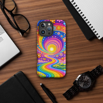 Psychedelic iPhone case featuring a vibrant rainbow road winding through green hills with colorful daisy flowers