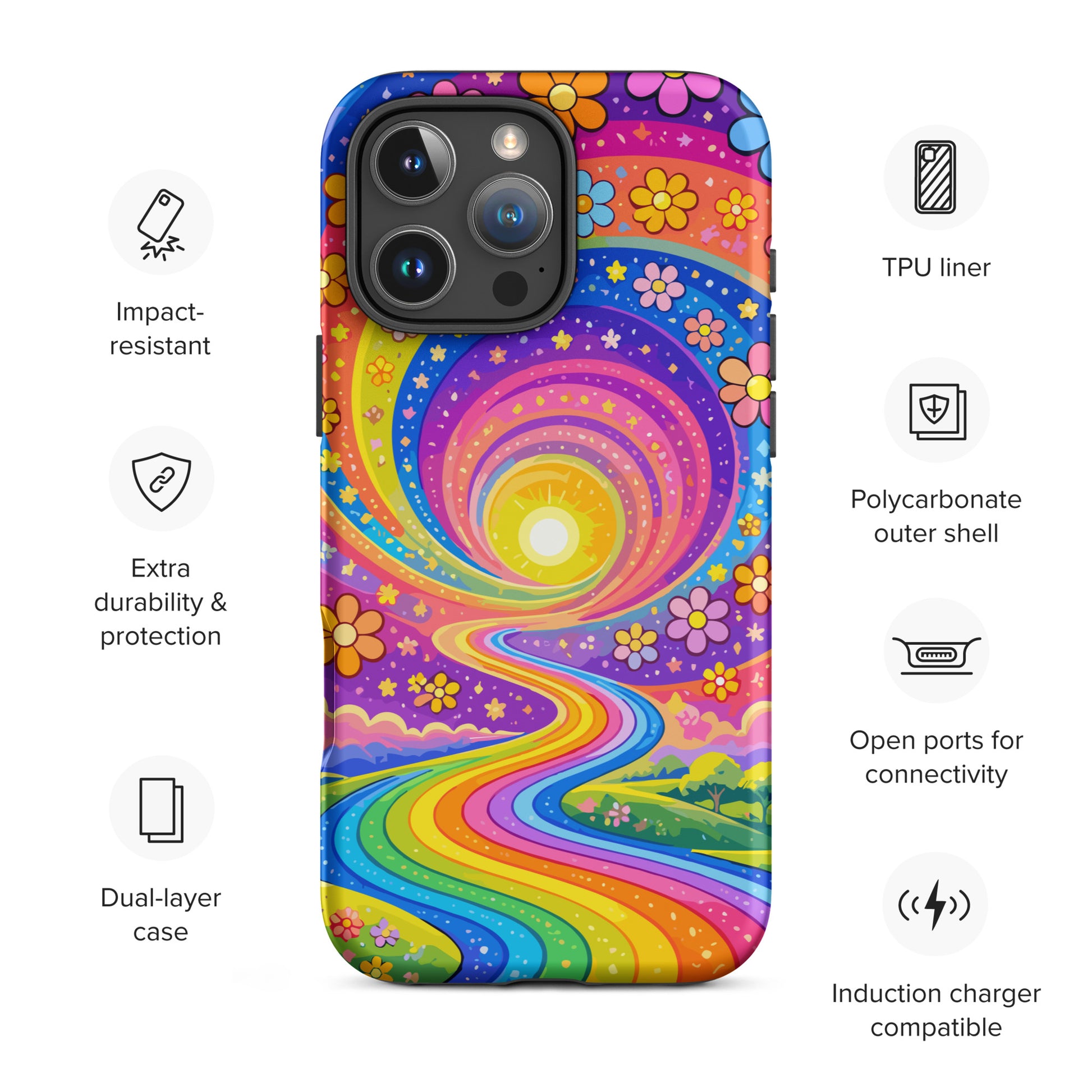 Psychedelic iPhone case featuring a vibrant rainbow road winding through green hills with colorful daisy flowers