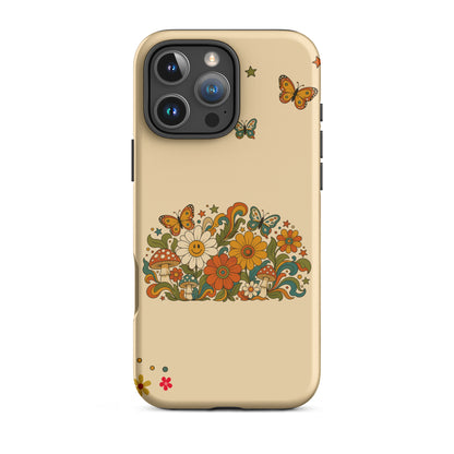 Retro 70s psychedelic flower artwork with smiley daisies, mushrooms, and butterflies.