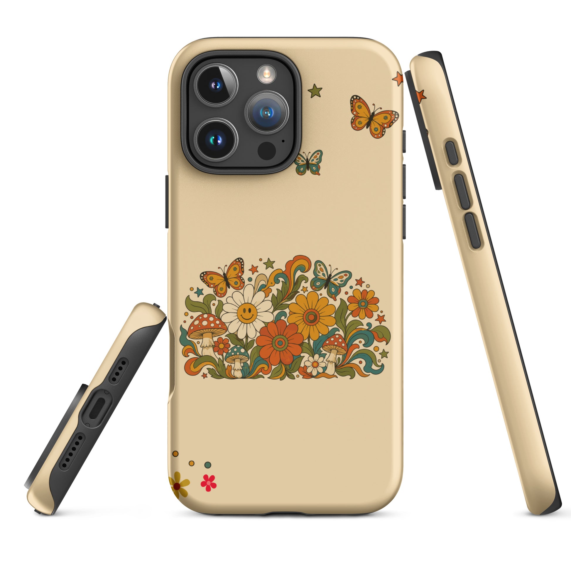 Retro 70s psychedelic flower artwork with smiley daisies, mushrooms, and butterflies.
