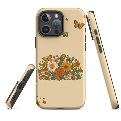 Retro 70s psychedelic flower artwork with smiley daisies, mushrooms, and butterflies.