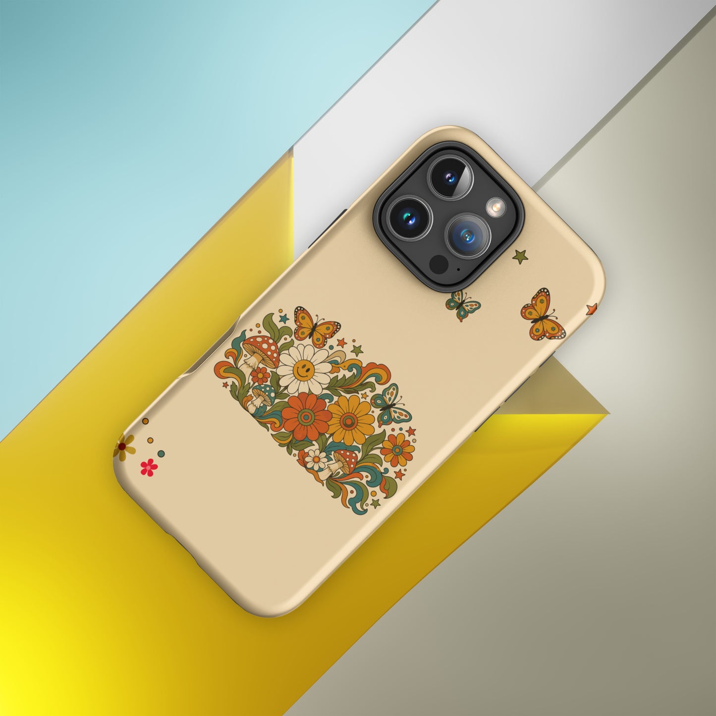 Retro 70s psychedelic flower artwork with smiley daisies, mushrooms, and butterflies.