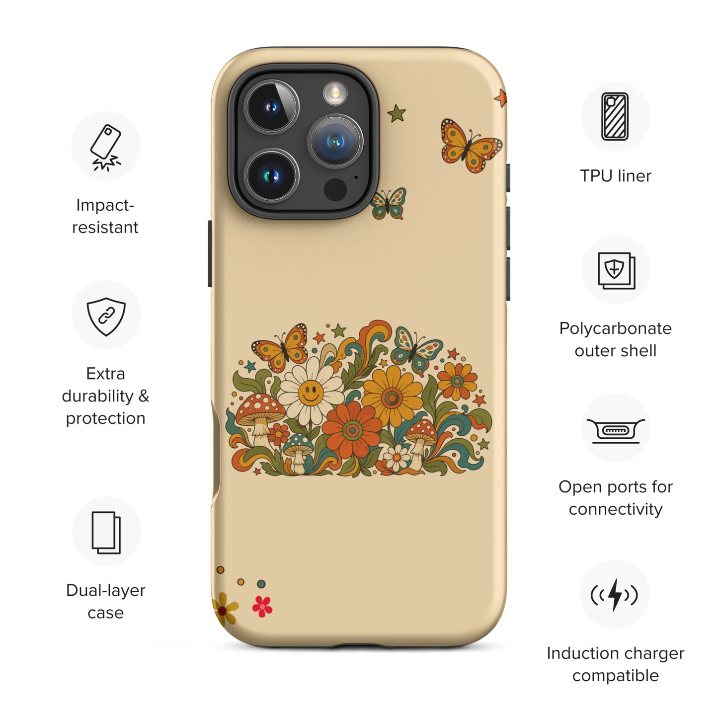 Retro 70s psychedelic flower artwork with smiley daisies, mushrooms, and butterflies.
