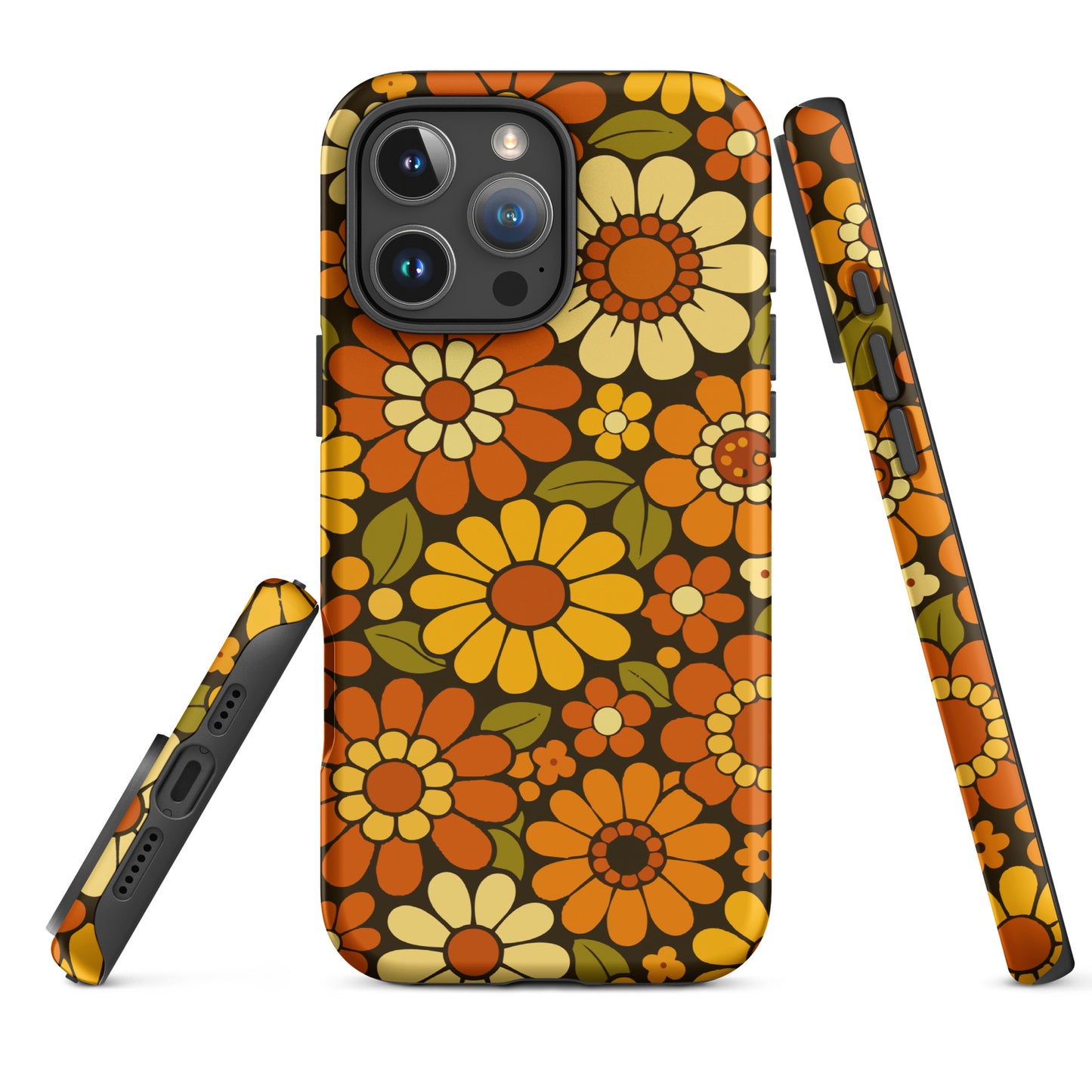 Retro 70s floral pattern with orange, yellow, and white daisies printed on a flexible clear TPU iPhone case.