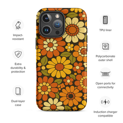 Retro 70s floral pattern with orange, yellow, and white daisies printed on a flexible clear TPU iPhone case.