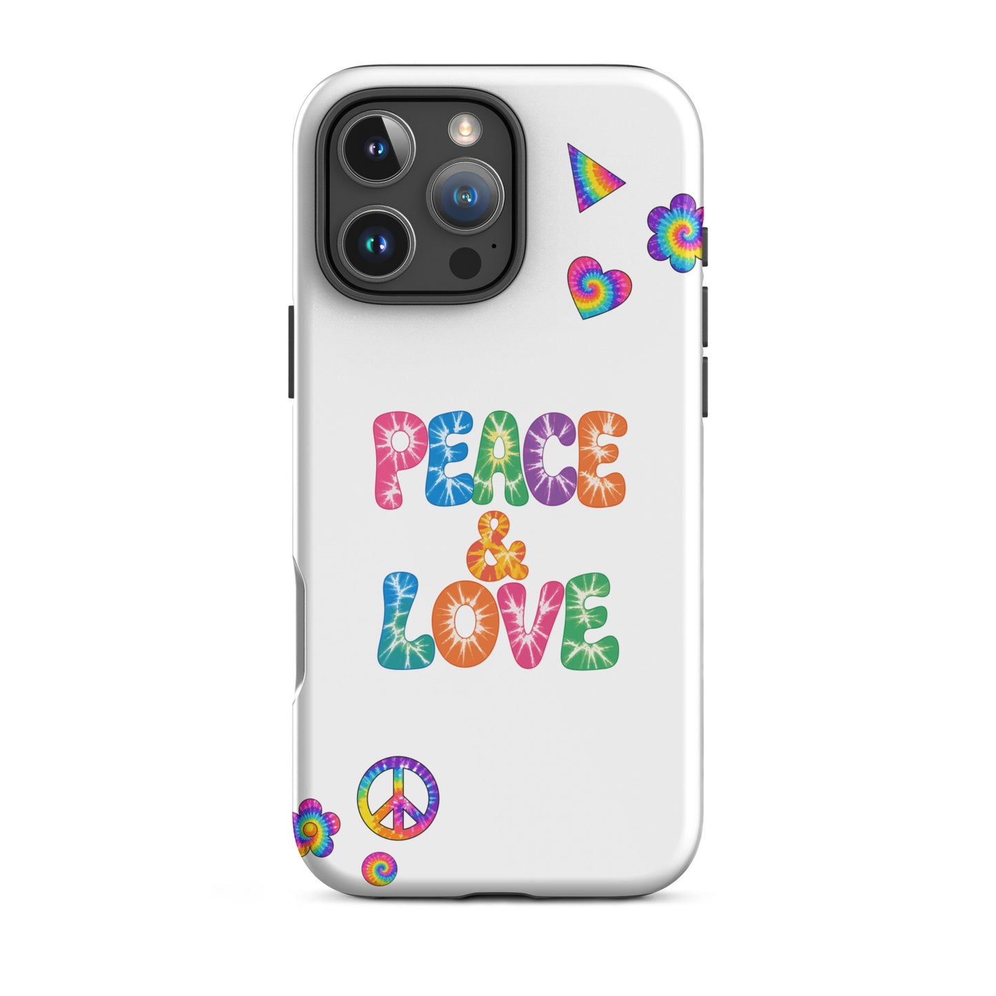 Retro tie-dye Peace and Love lettering TPU iPhone case with vibrant rainbow 60s hippie font on black protective cover.