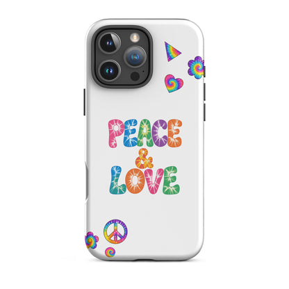 Retro tie-dye Peace and Love lettering TPU iPhone case with vibrant rainbow 60s hippie font on black protective cover.