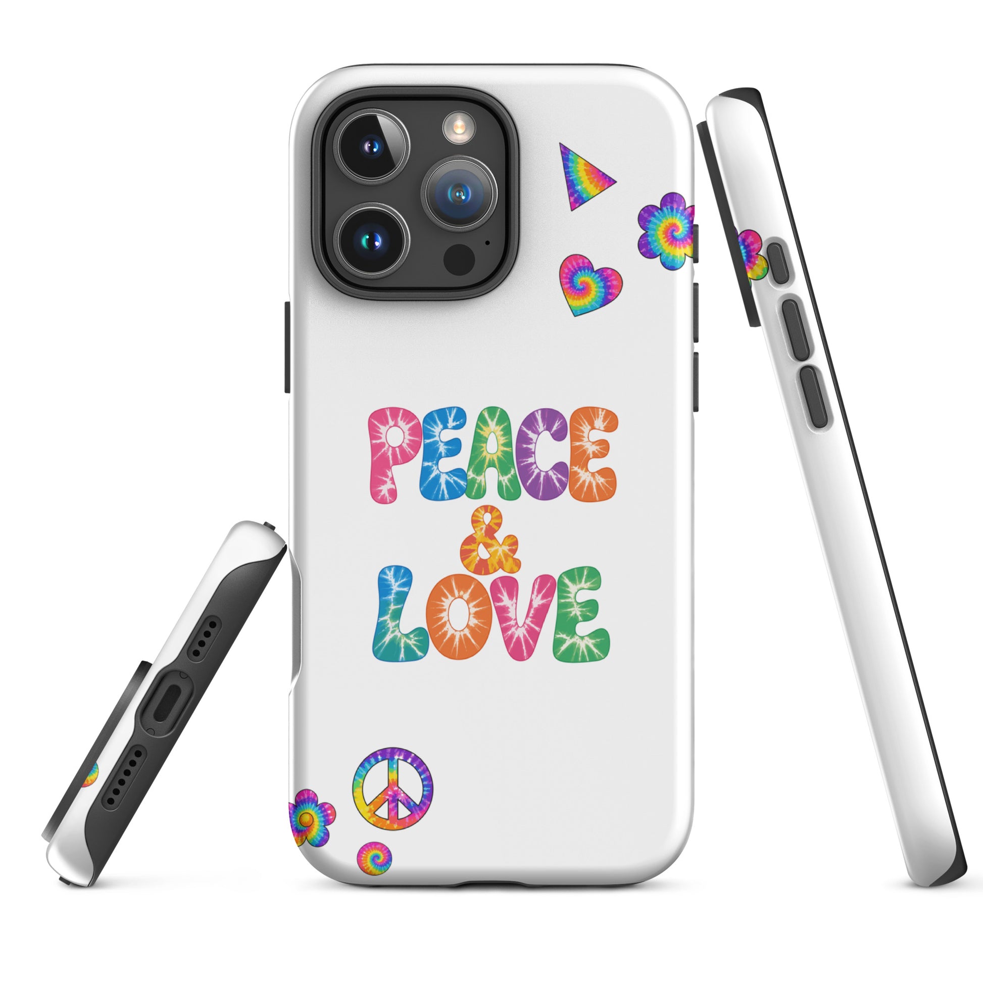 Retro tie-dye Peace and Love lettering TPU iPhone case with vibrant rainbow 60s hippie font on black protective cover.