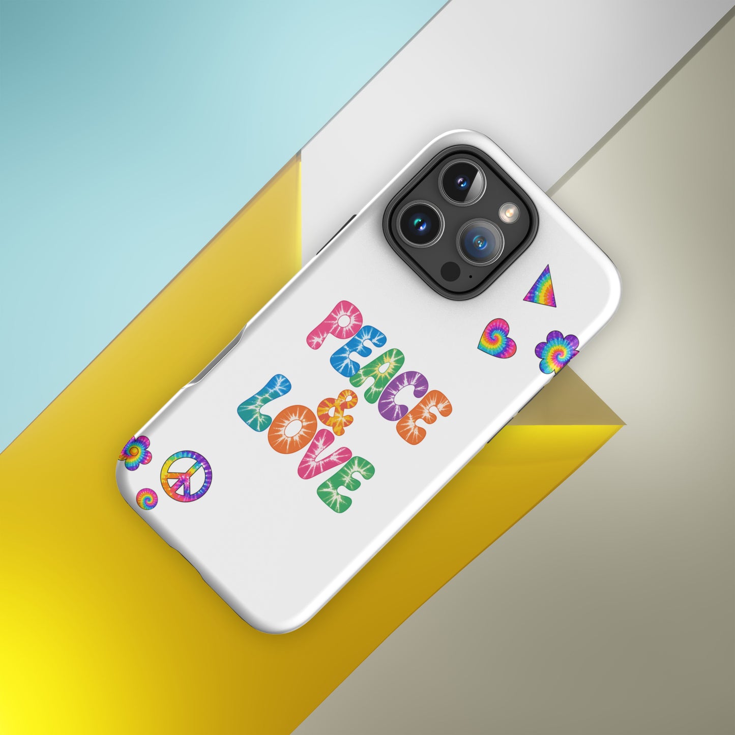 Retro tie-dye Peace and Love lettering TPU iPhone case with vibrant rainbow 60s hippie font on black protective cover.