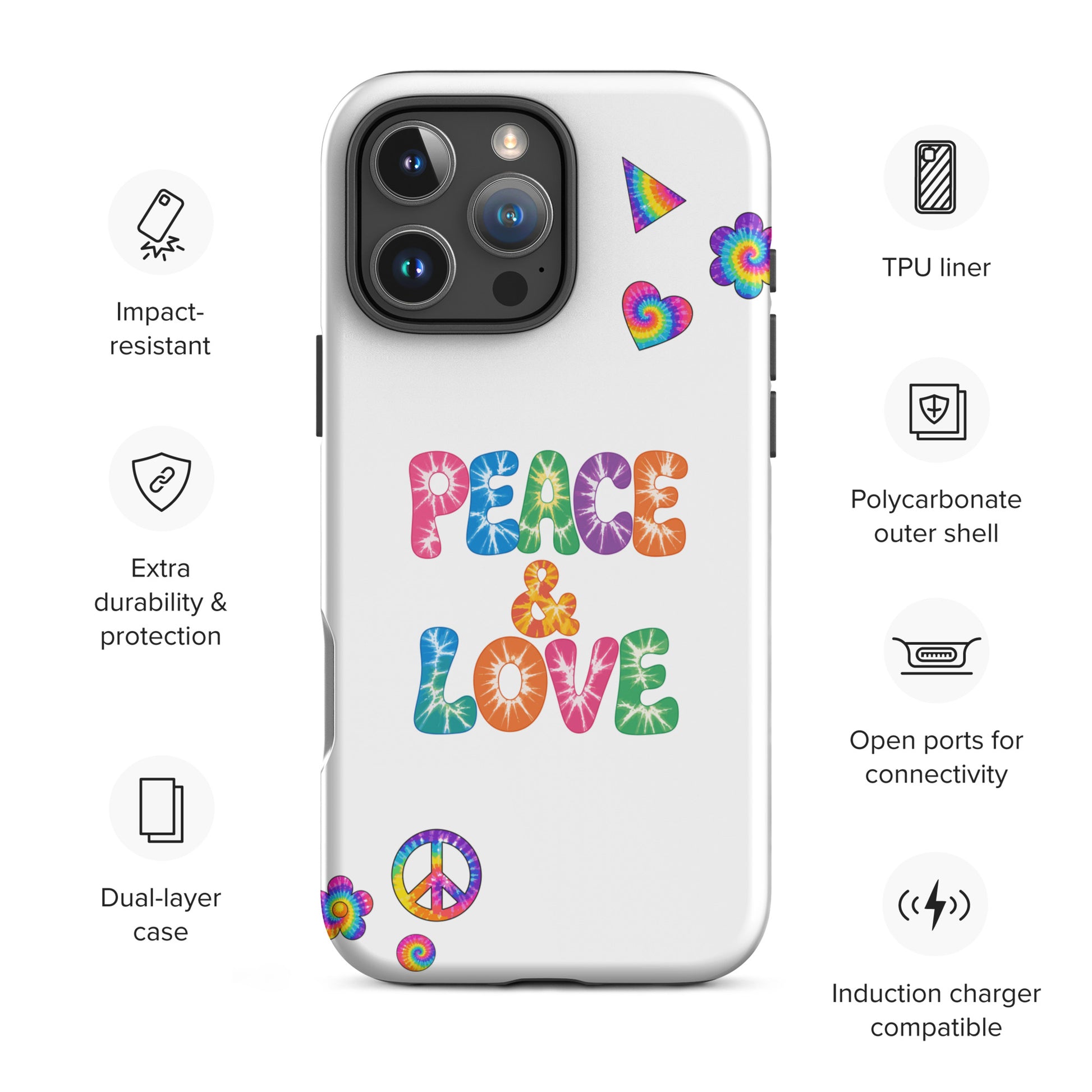 Retro tie-dye Peace and Love lettering TPU iPhone case with vibrant rainbow 60s hippie font on black protective cover.