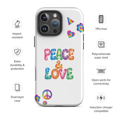 Retro tie-dye Peace and Love lettering TPU iPhone case with vibrant rainbow 60s hippie font on black protective cover.