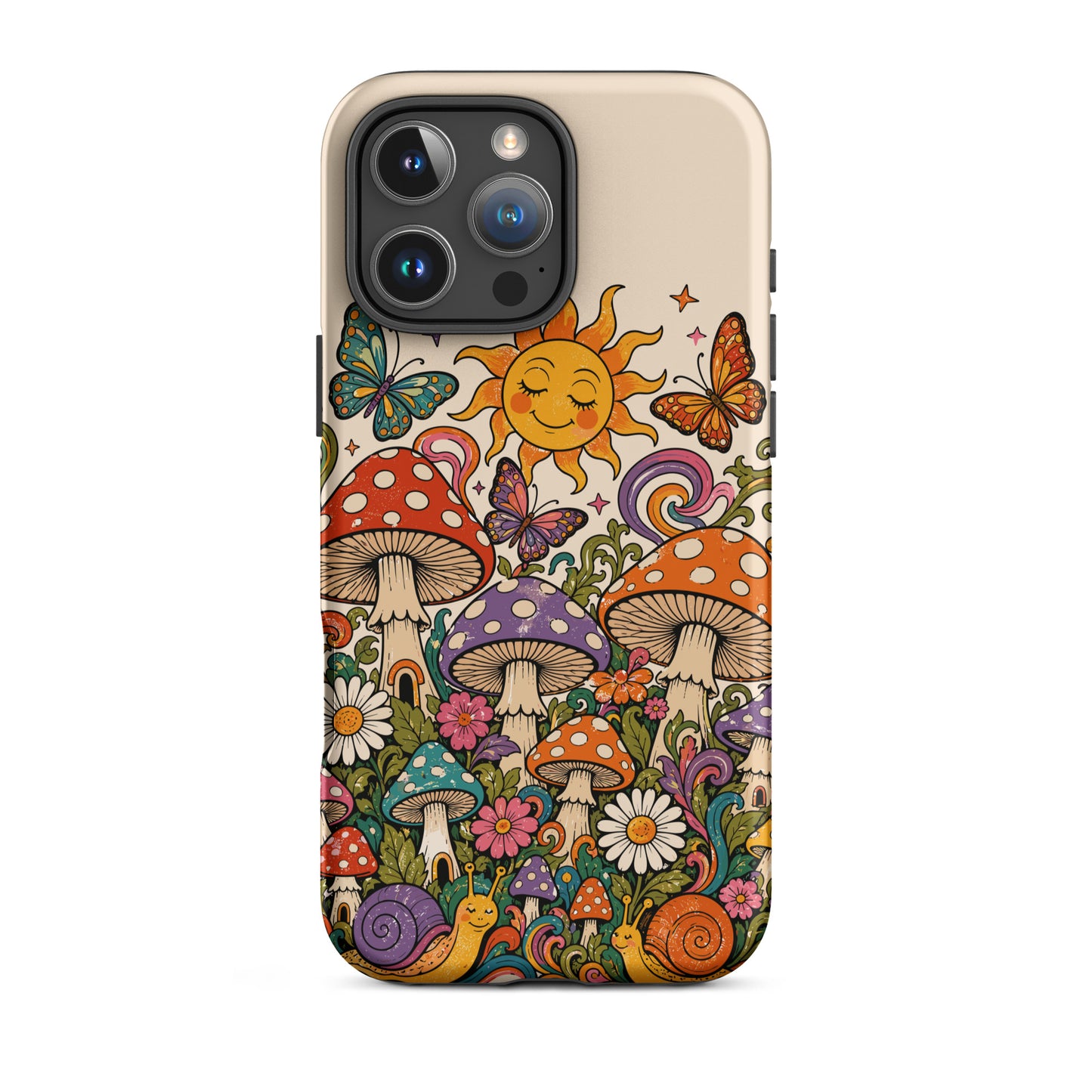 Durable TPU iPhone case featuring colorful 70s retro mushrooms, smiling snails, butterflies, flowers, and a smiling sun.