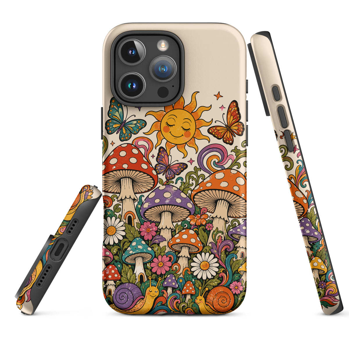 Durable TPU iPhone case featuring colorful 70s retro mushrooms, smiling snails, butterflies, flowers, and a smiling sun.