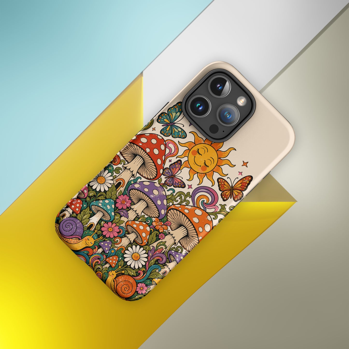 Durable TPU iPhone case featuring colorful 70s retro mushrooms, smiling snails, butterflies, flowers, and a smiling sun.