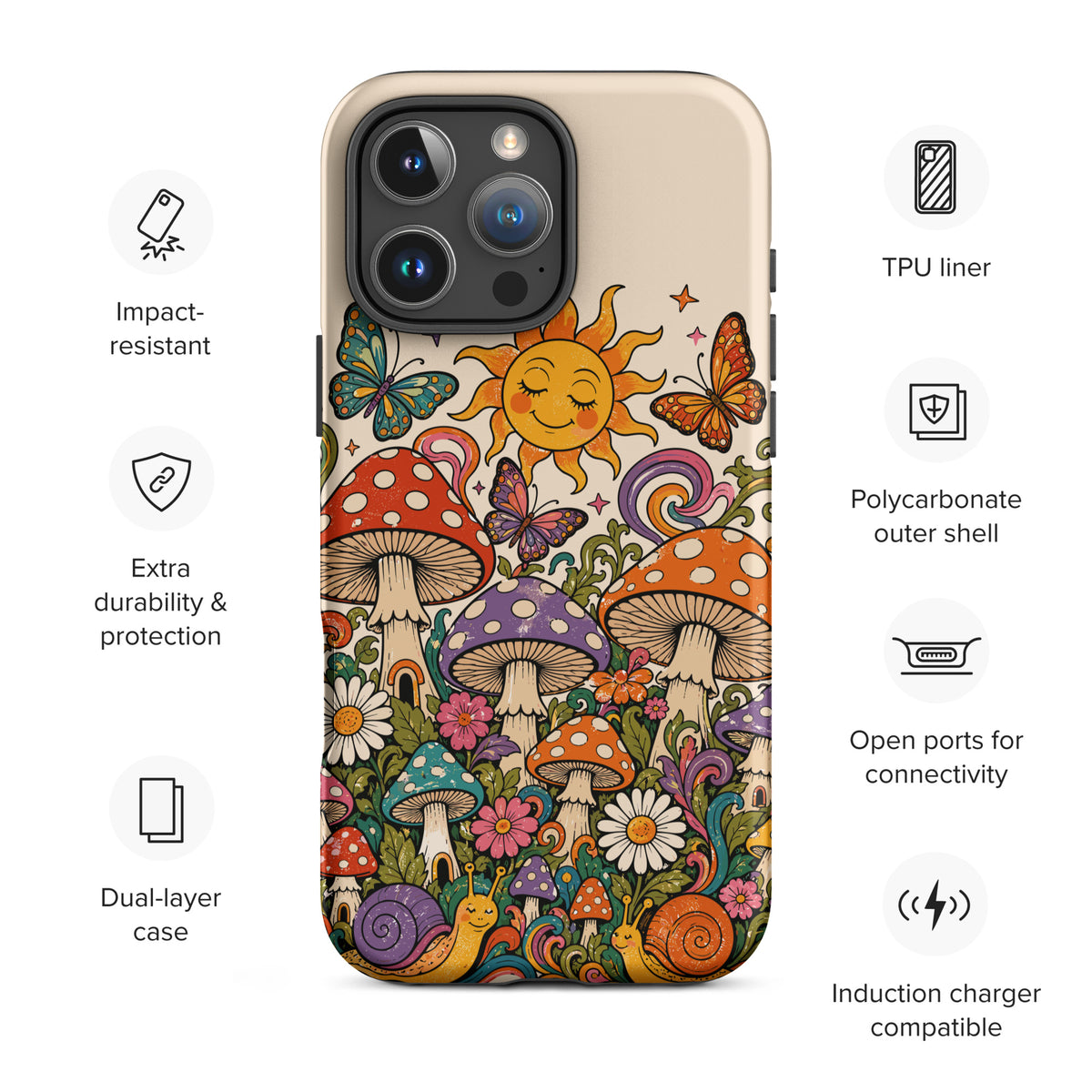 Durable TPU iPhone case featuring colorful 70s retro mushrooms, smiling snails, butterflies, flowers, and a smiling sun.