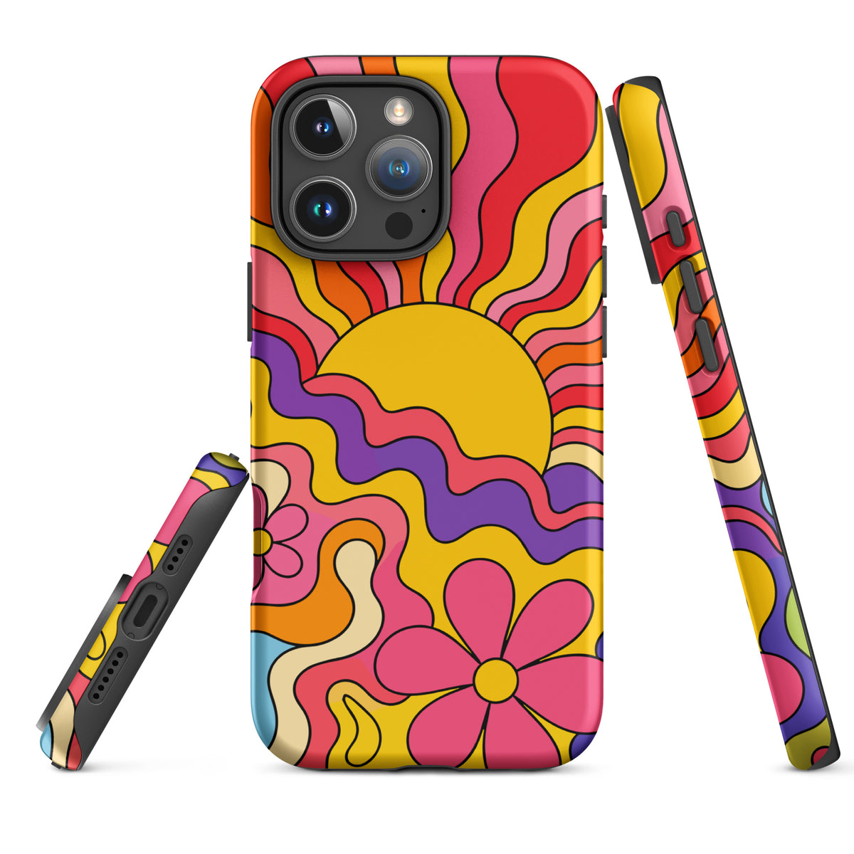 Vibrant 1970s psychedelic iPhone case featuring a wavy retro sunburst sunset surrounded by colorful groovy flowers.