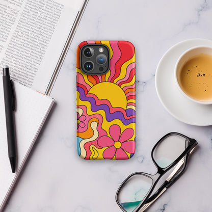 Vibrant 1970s psychedelic iPhone case featuring a wavy retro sunburst sunset surrounded by colorful groovy flowers.
