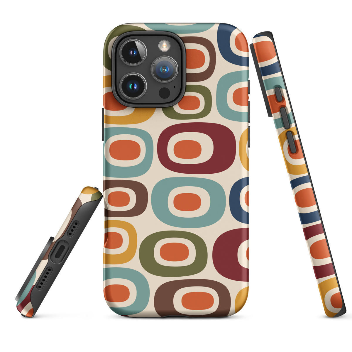 Retro 1970s mid-century modern geometric oval pattern TPU iPhone case featuring colorful mustard, orange, teal, and navy shapes