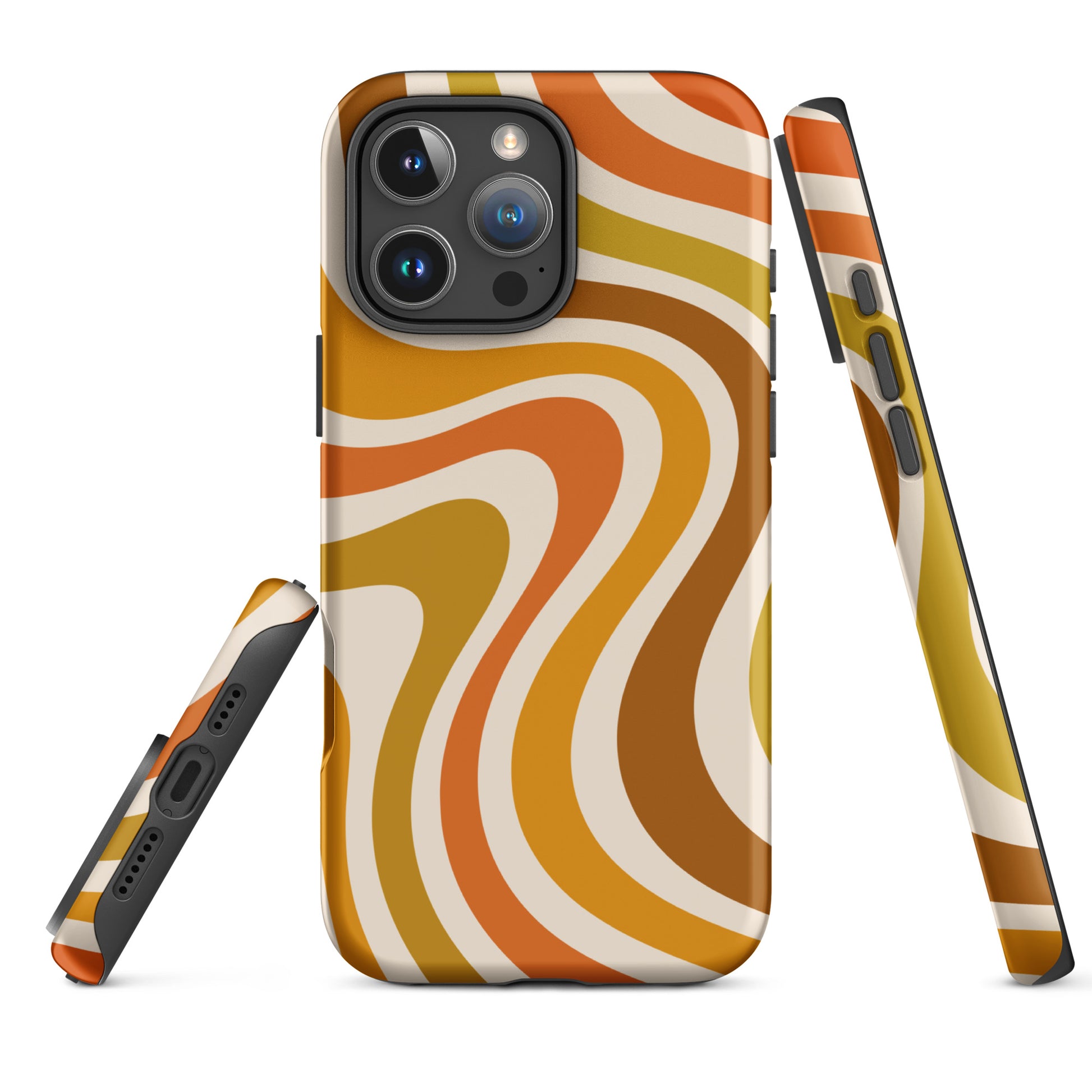 Retro 70s groovy wavy pattern in orange, mustard, brown, and cream printed on a flexible TPU iPhone protective case.