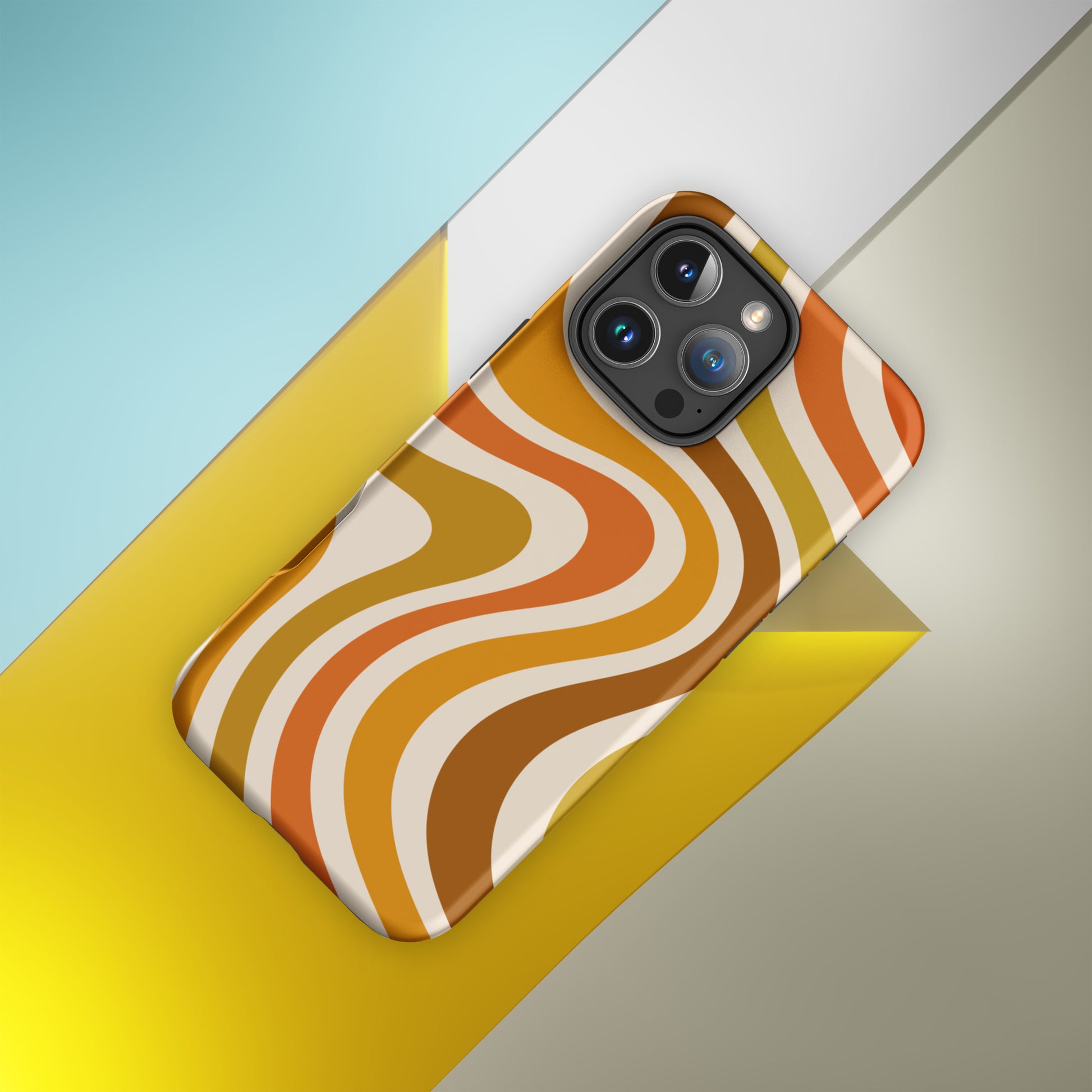 Retro 70s groovy wavy pattern in orange, mustard, brown, and cream printed on a flexible TPU iPhone protective case.