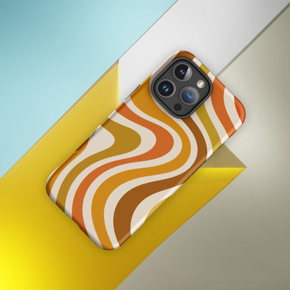 Retro 70s groovy wavy pattern in orange, mustard, brown, and cream printed on a flexible TPU iPhone protective case.