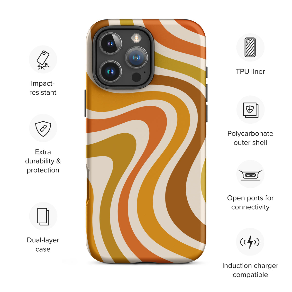 Retro 70s groovy wavy pattern in orange, mustard, brown, and cream printed on a flexible TPU iPhone protective case.