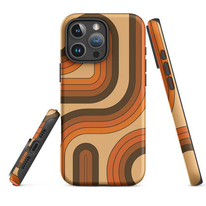 Retro 70s curved stripe pattern in earth tones, brown, and orange printed on a durable TPU flexible iPhone case.