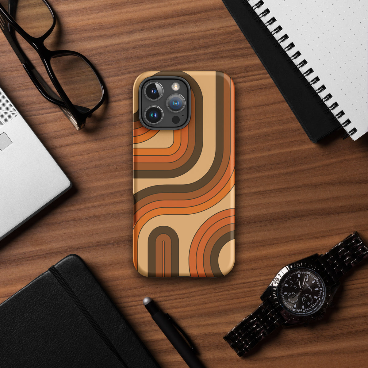 Retro 70s curved stripe pattern in earth tones, brown, and orange printed on a durable TPU flexible iPhone case.