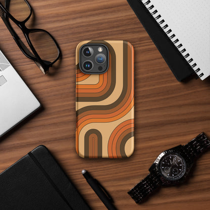 Retro 70s curved stripe pattern in earth tones, brown, and orange printed on a durable TPU flexible iPhone case.