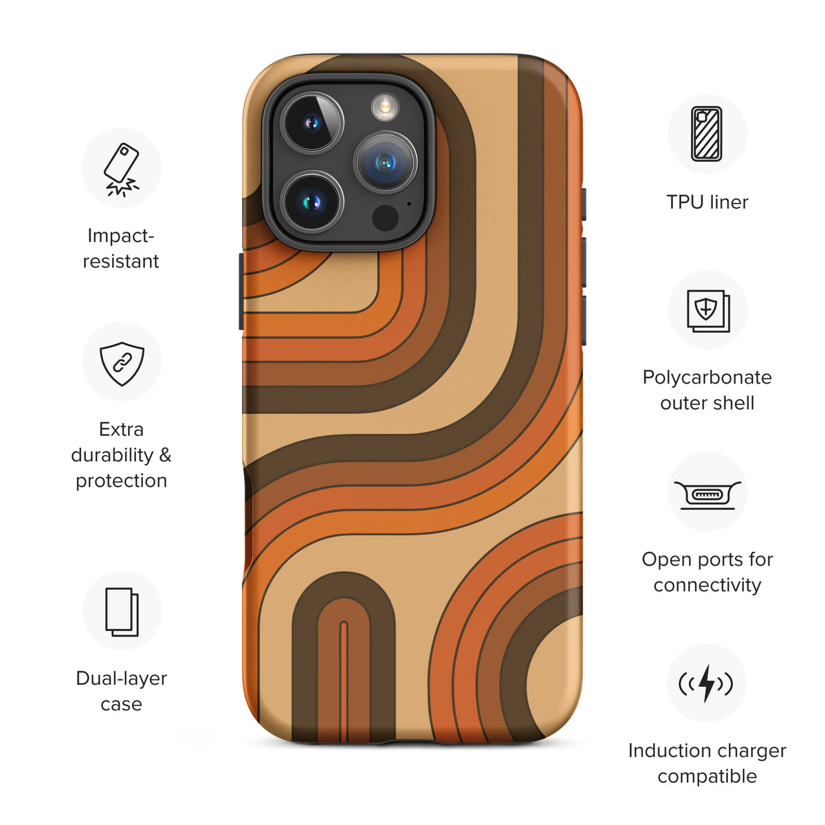 Retro 70s curved stripe pattern in earth tones, brown, and orange printed on a durable TPU flexible iPhone case.