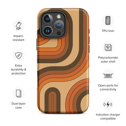 Retro 70s curved stripe pattern in earth tones, brown, and orange printed on a durable TPU flexible iPhone case.