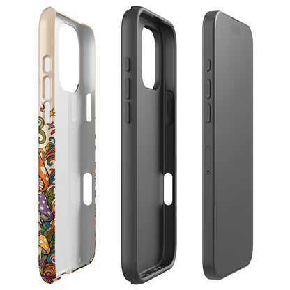 Durable TPU iPhone case featuring colorful 70s retro mushrooms, smiling snails, butterflies, flowers, and a smiling sun.