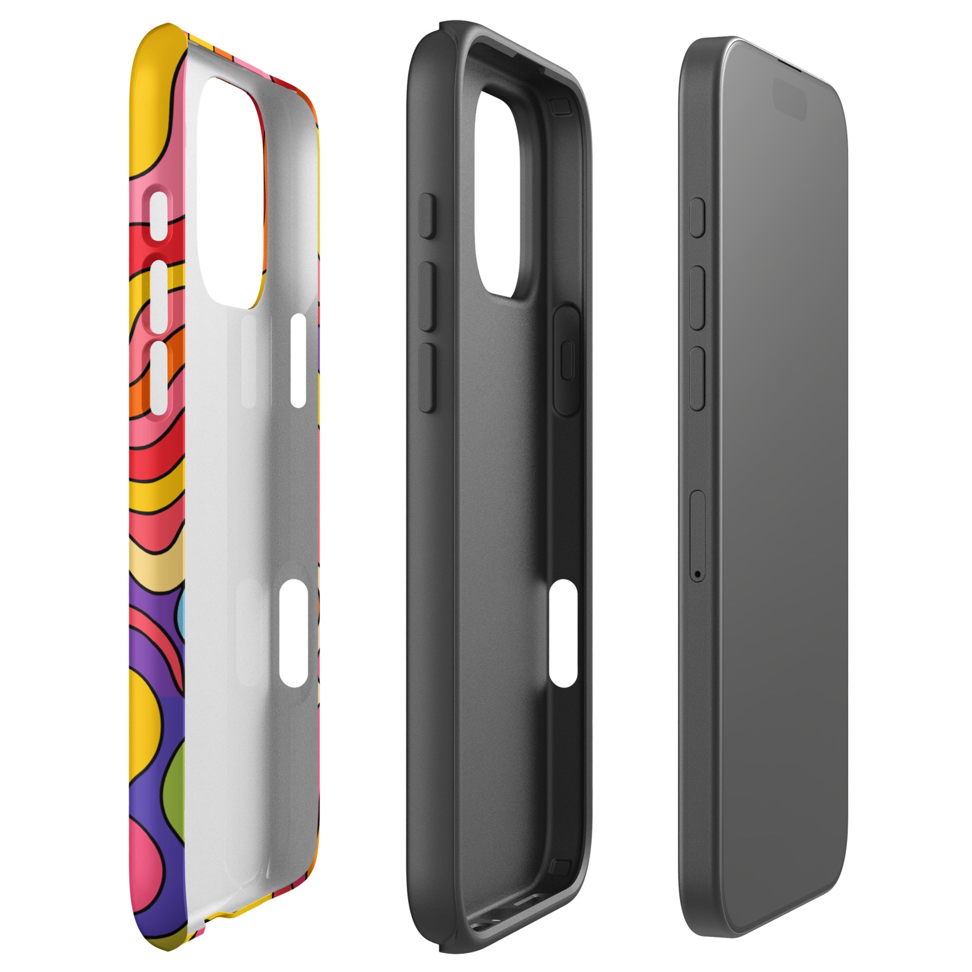 Vibrant 1970s psychedelic iPhone case featuring a wavy retro sunburst sunset surrounded by colorful groovy flowers.