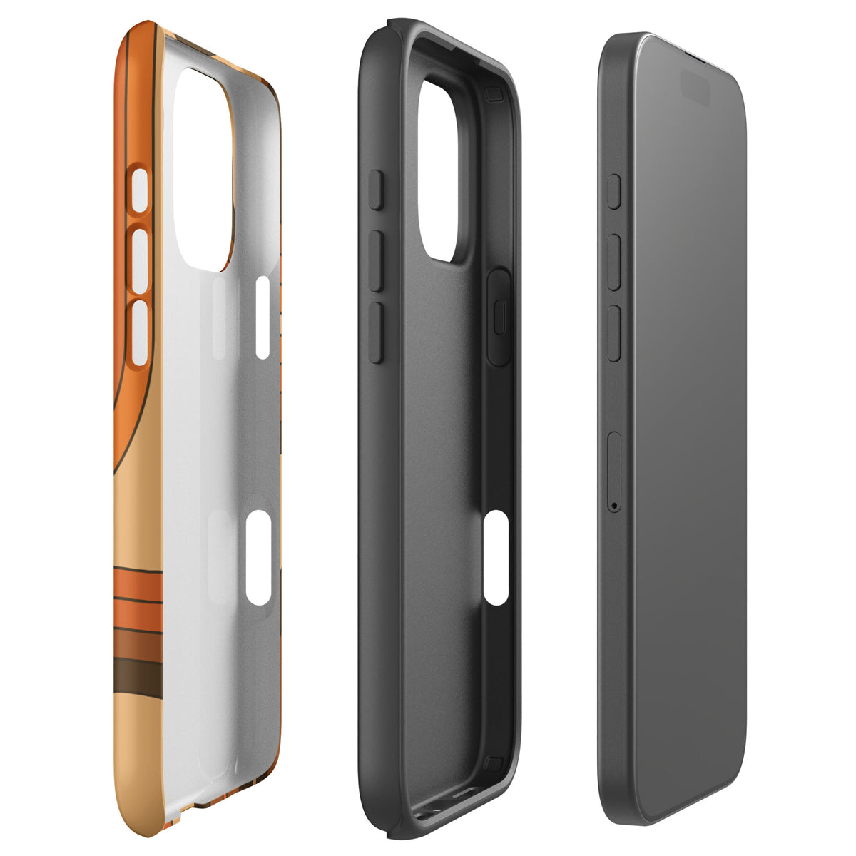 Retro 70s curved stripe pattern in earth tones, brown, and orange printed on a durable TPU flexible iPhone case.