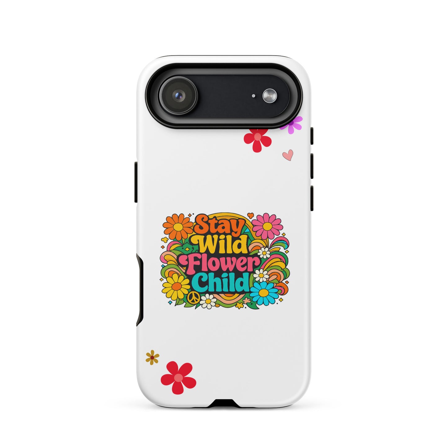 Stay Wild Flower Child retro 70s hippie typography with colorful daisies and psychedelic swirls on an iPhone case.