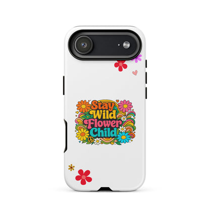 Stay Wild Flower Child retro 70s hippie typography with colorful daisies and psychedelic swirls on an iPhone case.