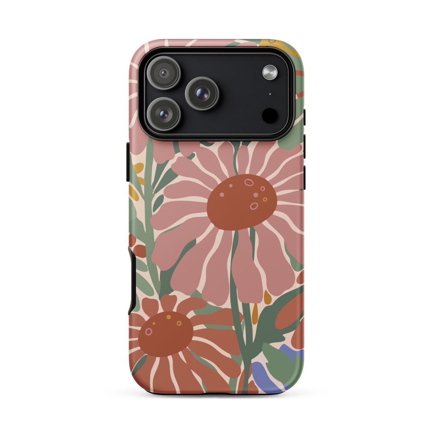 70s style flower power pattern with pink, green, and orange daisies on a bohemian iPhone phone case.