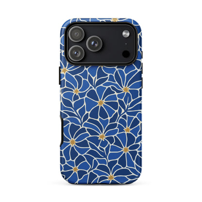 Vibrant blue mosaic floral pattern iPhone case with navy petals and gold star centers by Far Out Goods.