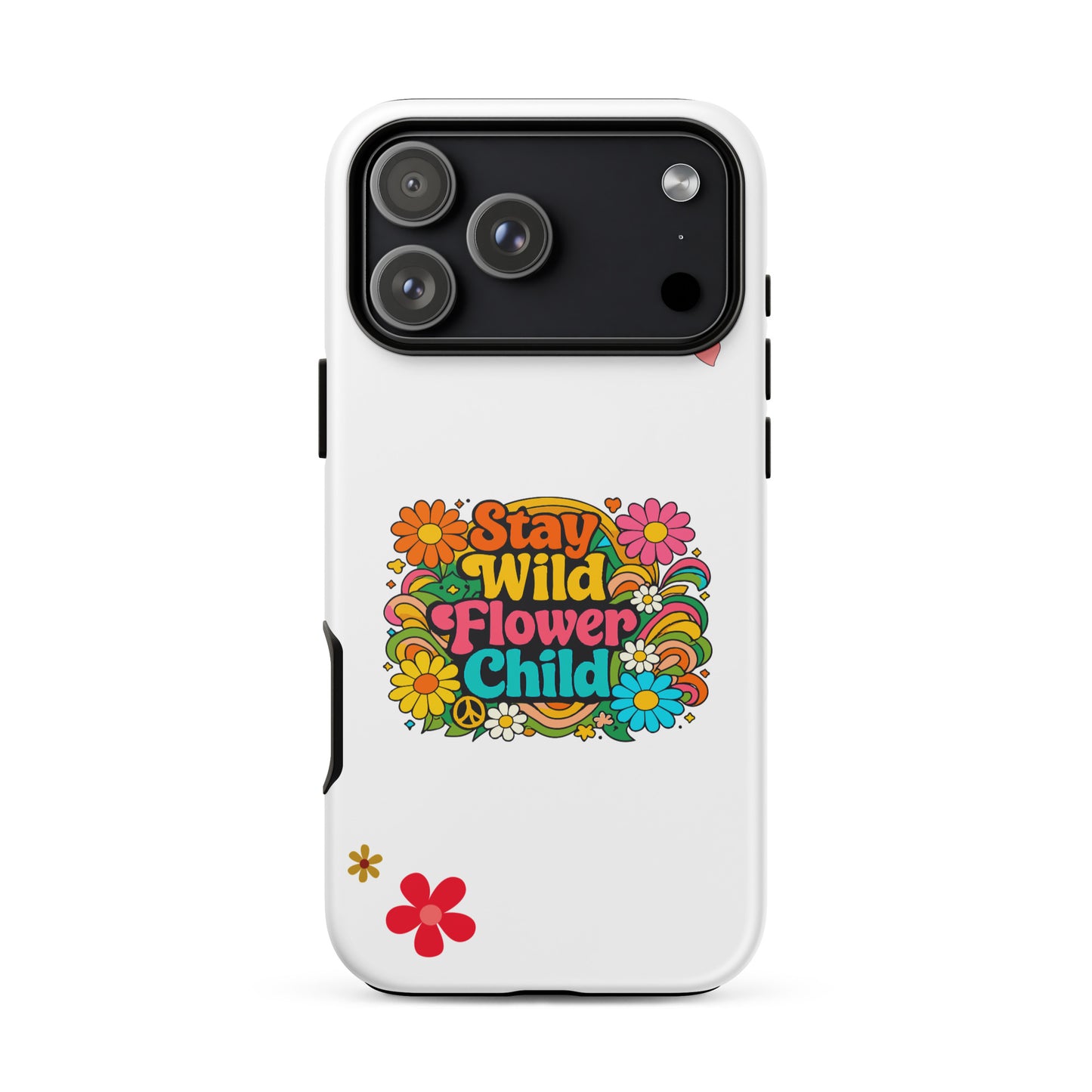 Stay Wild Flower Child retro 70s hippie typography with colorful daisies and psychedelic swirls on an iPhone case.